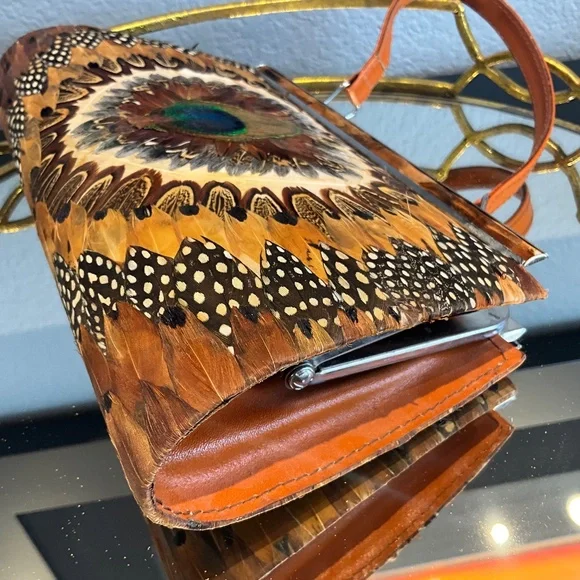 VTG Outdoor Forest Fairytale Wedding Feather Frame Bag Woodsy Bride Brown Blue - Picture 9 of 16